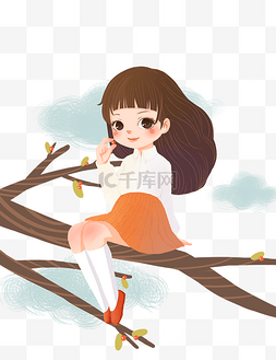 手绘甜美坐在树枝上的女孩