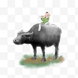 牧童图片_中国水墨风格卧倒的水牛旁边的穿