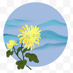 蓝色山峰图片_手绘花卉群山卡通插画