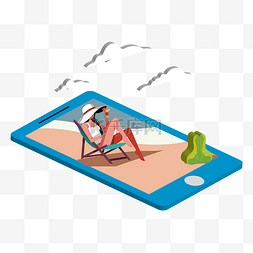手机上的晒太阳的沙滩美女矢量图