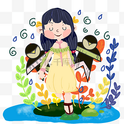 清明雨天女孩图片_清明节放风筝的女孩手绘插画