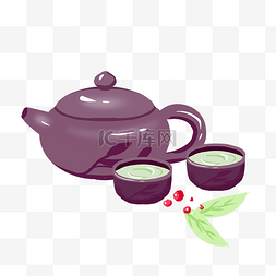 水墨插画手绘茶壶图片_中国风茶具小茶杯手绘插画