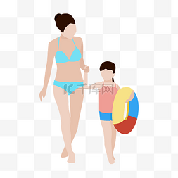 妈妈运动图片_带着游泳圈去游泳的母女矢量图