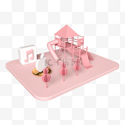粉色少女系小木屋滑梯草屋模型