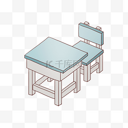 木头手绘图片_蓝色的课桌和凳子插画