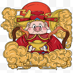 卡通手绘中国风福猪插画财神猪