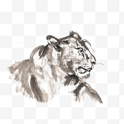 嘶吼的狮子水墨画PNG免抠素材
