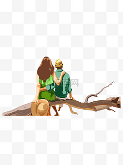 情侣背影插画手绘图片_彩绘坐在树枝上的情侣可商用元素