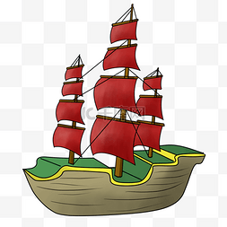 轮船插画图片_红色旗帜帆船插画