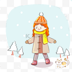 卡通猫咪图片_手绘冬至可爱的女孩插画