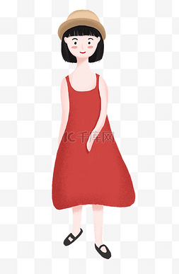 吊带图片_手绘穿着红色裙子的短发女孩