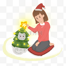 圣诞节温馨人物猫插画