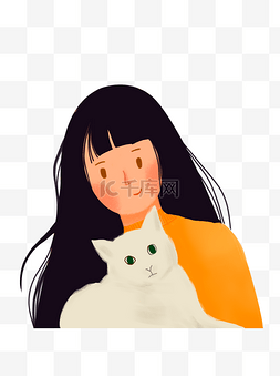 动物和女生手绘图片_长发女生和白色猫咪手绘插画设计