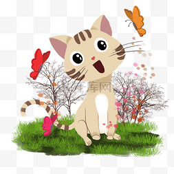 森林插画小动物图片_玩耍的小猫咪小蝴蝶