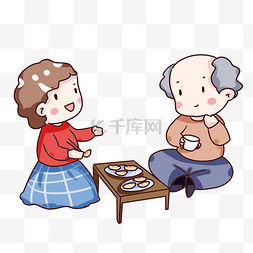 人物吃饺子图片_手绘卡通重阳节老人吃饺子
