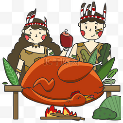 原始人围观图片_卡通手绘节日感恩节烤火鸡的原始