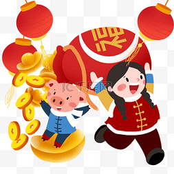 金色手绘灯笼图片_新年跳舞的小女孩插画