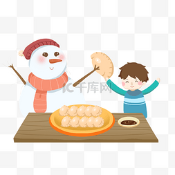 二十四节气冬至吃饺子的雪人和男