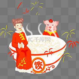 农历新年卡通手绘吃饺子