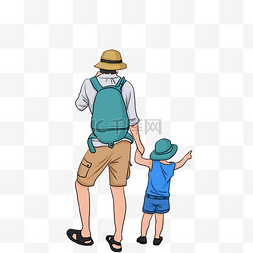 父亲节人物插画图片_秋游卡通父亲背书包拉着孩子出游