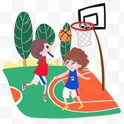 卡通打篮球图片_比赛打篮球投篮男孩女孩篮球场