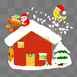 圣诞夜雪景图片_圣诞节站在屋顶上送礼物的圣诞老