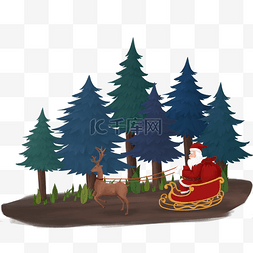 圣诞节松树林图片_圣诞老人骑雪橇送礼物