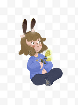 手绘带着兔耳朵的女孩元素