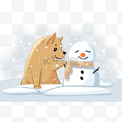 冬季手绘下雪雪人狗狗