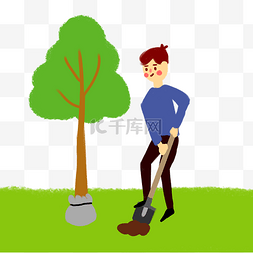 植树节男生在铲土种树