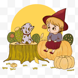 秋日秋季月下小巫师和狗闲坐南瓜