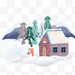 圣诞手绘场景图片_冬季下雪场景小清新手绘插画