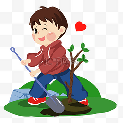 植树节可爱男孩铁锹挖土种树手绘