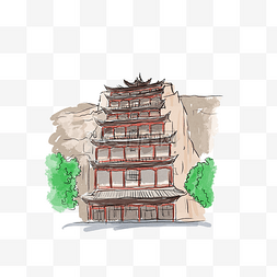 插画元素建筑图片_手绘莫高窟水彩插画