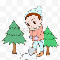 冬季在户外铲雪的孩子