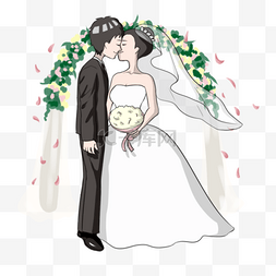 西式婚礼新郎新娘接吻插画