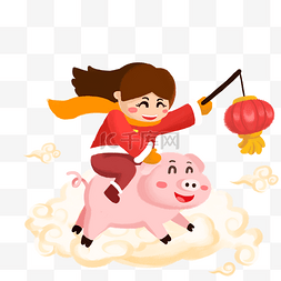 卡通骑着猪猪的少女
