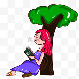 女孩靠树图片_在树下读书的可爱红发女孩