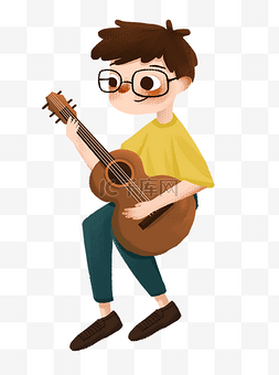 小男孩音乐图片_手绘卡通抱着吉他的小男孩元素