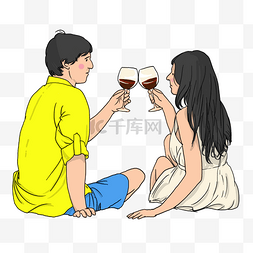 秋秋季插画图片_秋游情侣坐在海边沙滩上喝酒插画