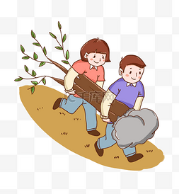 卡通手绘男孩和女孩辛勤植树