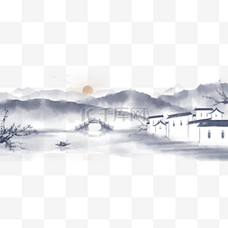 中国风手绘插画图片_中国风手绘水墨风景山水徽派建筑