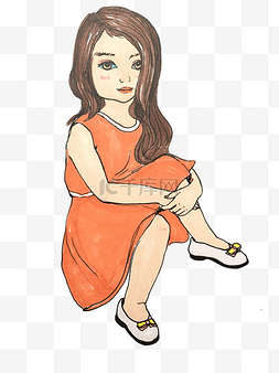 暖色系手绘插画风橘色连衣裙坐姿