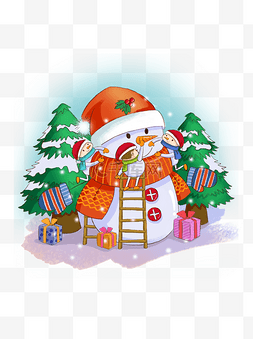 圣诞手绘场景图片_手绘创意圣诞节堆雪人系列场景精