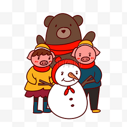 手绘矢量卡通猪年新年小猪和雪人