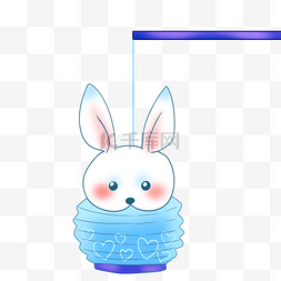 手绘蓝色的兔子灯插画