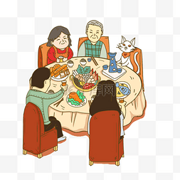 除夕图片_卡通手绘春节家人围在一起吃火锅