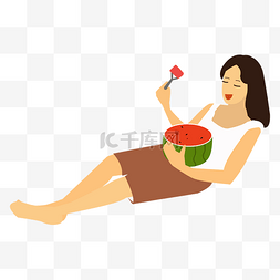 清新卡通大暑图片_卡通矢量夏季躺着吃西瓜的女孩