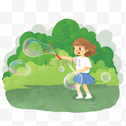 卡通可爱草地图片_在公园草地上吹泡泡的小姑娘