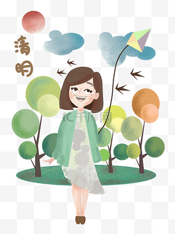 小燕子风筝图片_清明节放风筝的女孩插画
